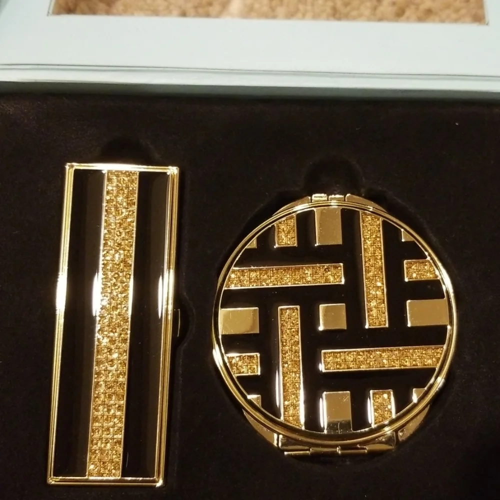 GOLD/BLACK Lipstick Holder/Round Compact Mirror